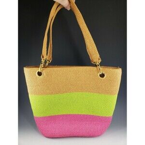 Woven Paper Straw w Metal Trim Purse Tote Beach Bag Green Pink Tan Footed Lined